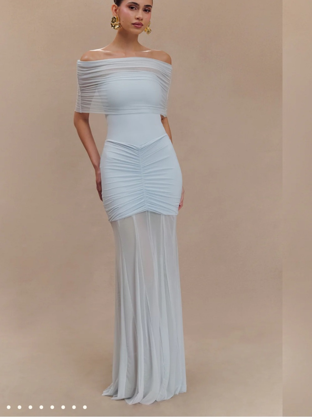 Meshki Pale Blue One-Shoulder or Off the Shoulder Mesh Evening Gown